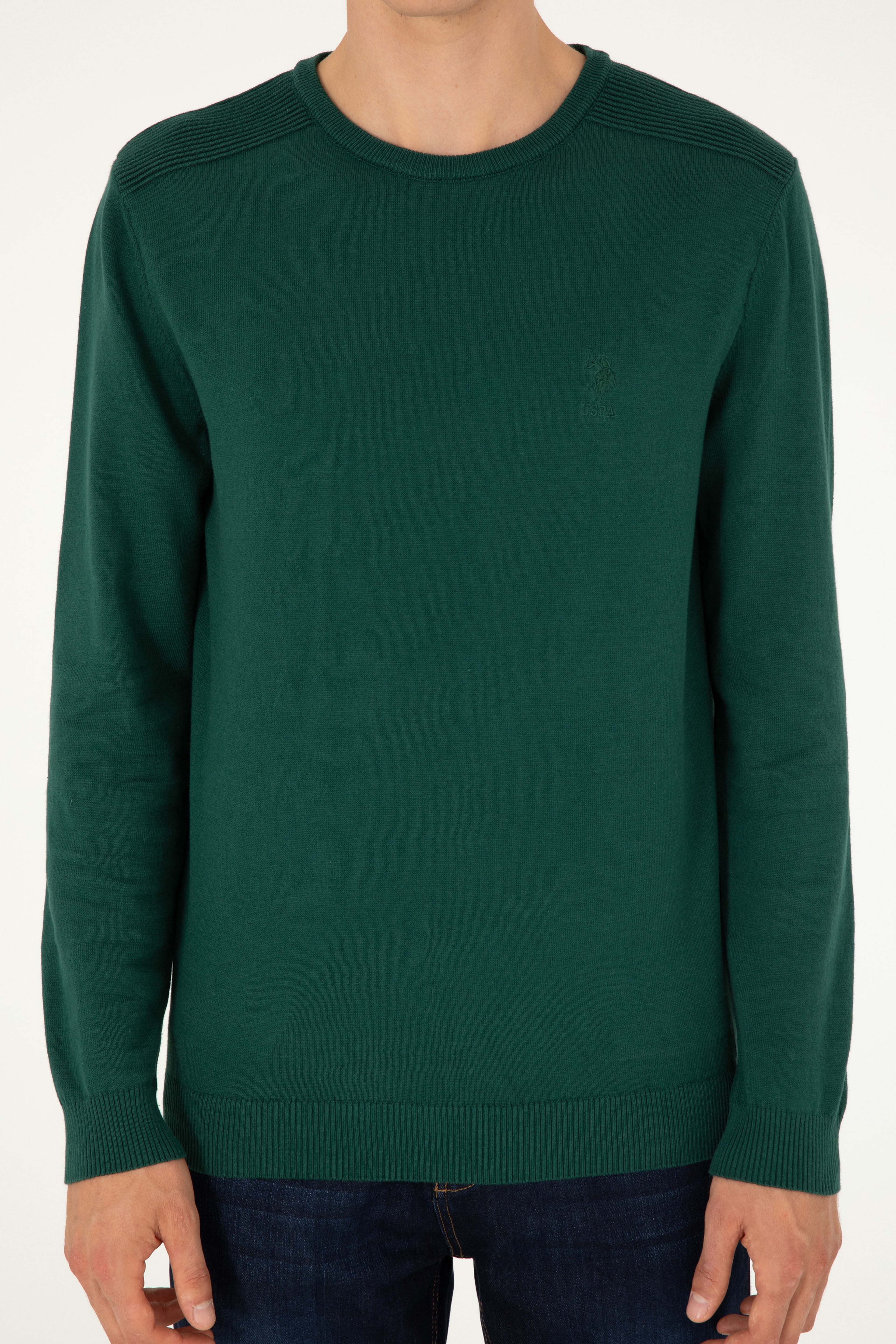 Erkek Slim Fit Bisiklet Yaka Yeşil Basic Kazak