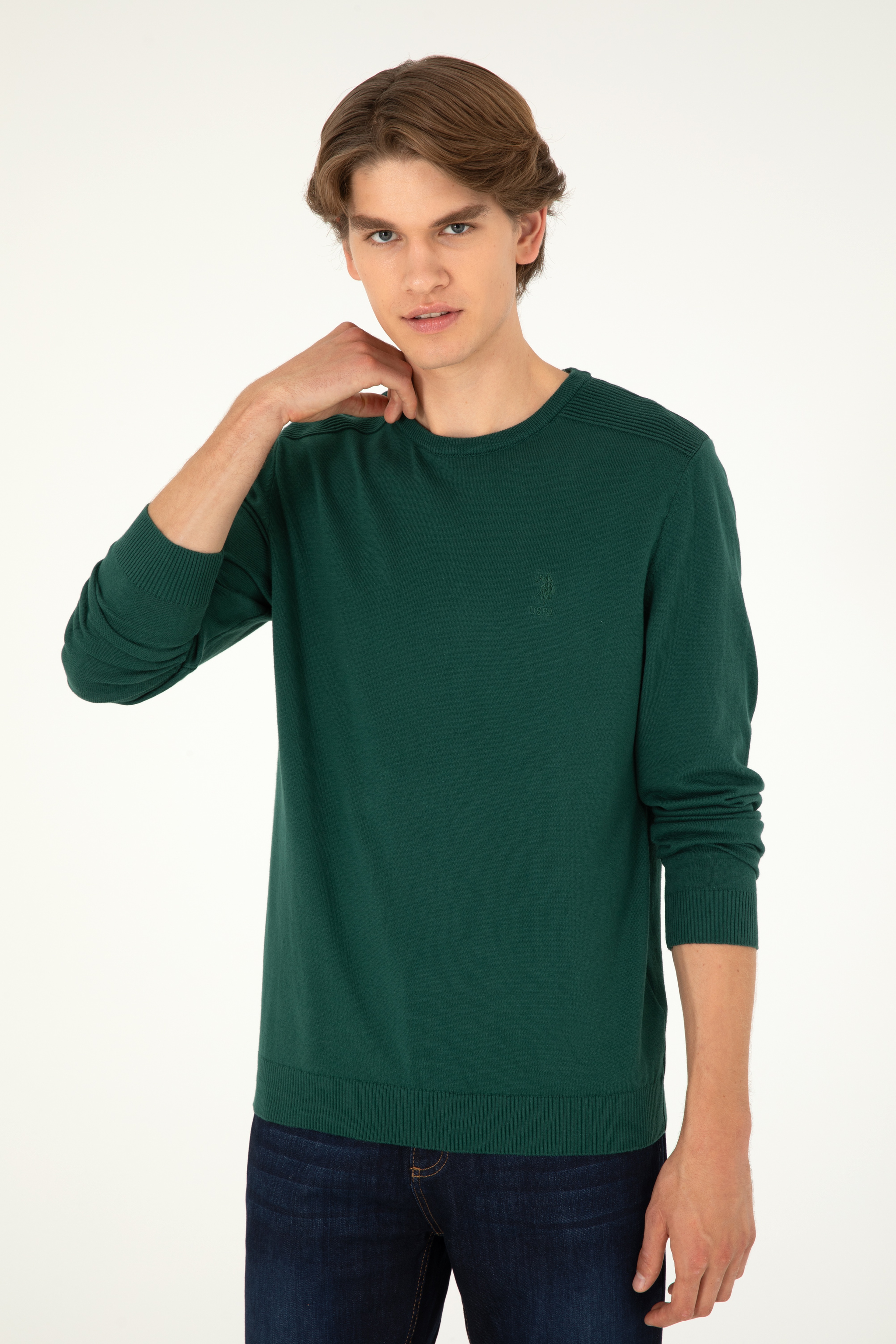 Erkek Slim Fit Bisiklet Yaka Yeşil Basic Kazak - Image 1