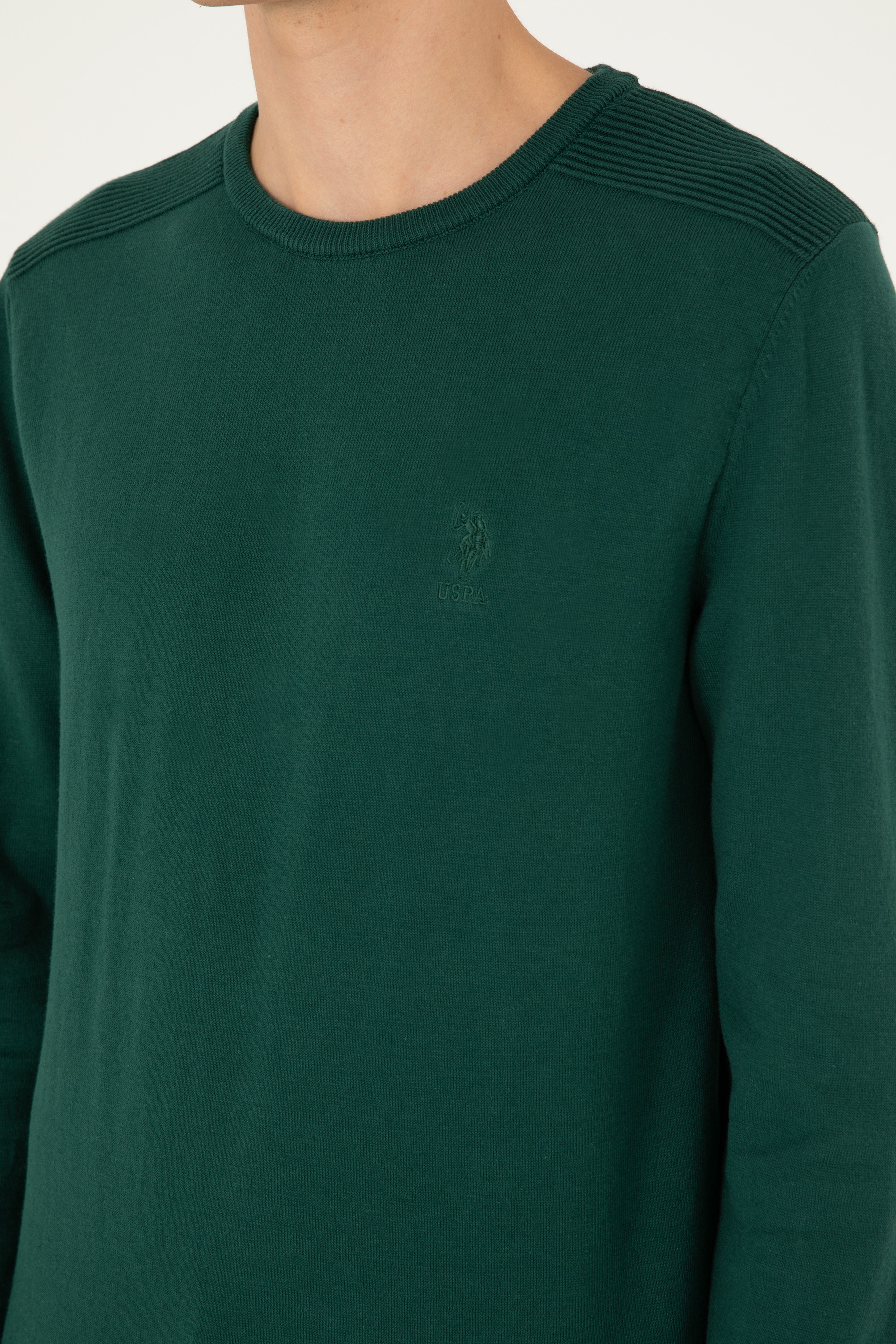 Erkek Slim Fit Bisiklet Yaka Yeşil Basic Kazak - Image 7