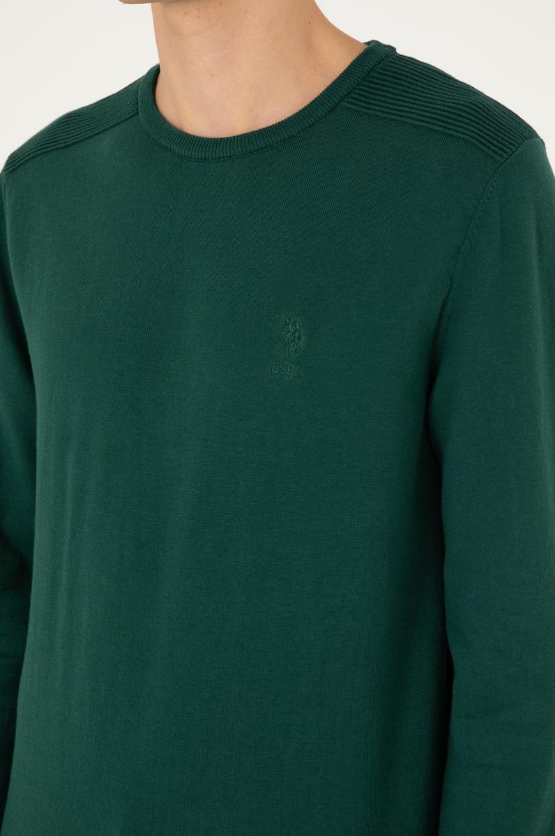 Erkek Slim Fit Bisiklet Yaka Yeşil Basic Kazak