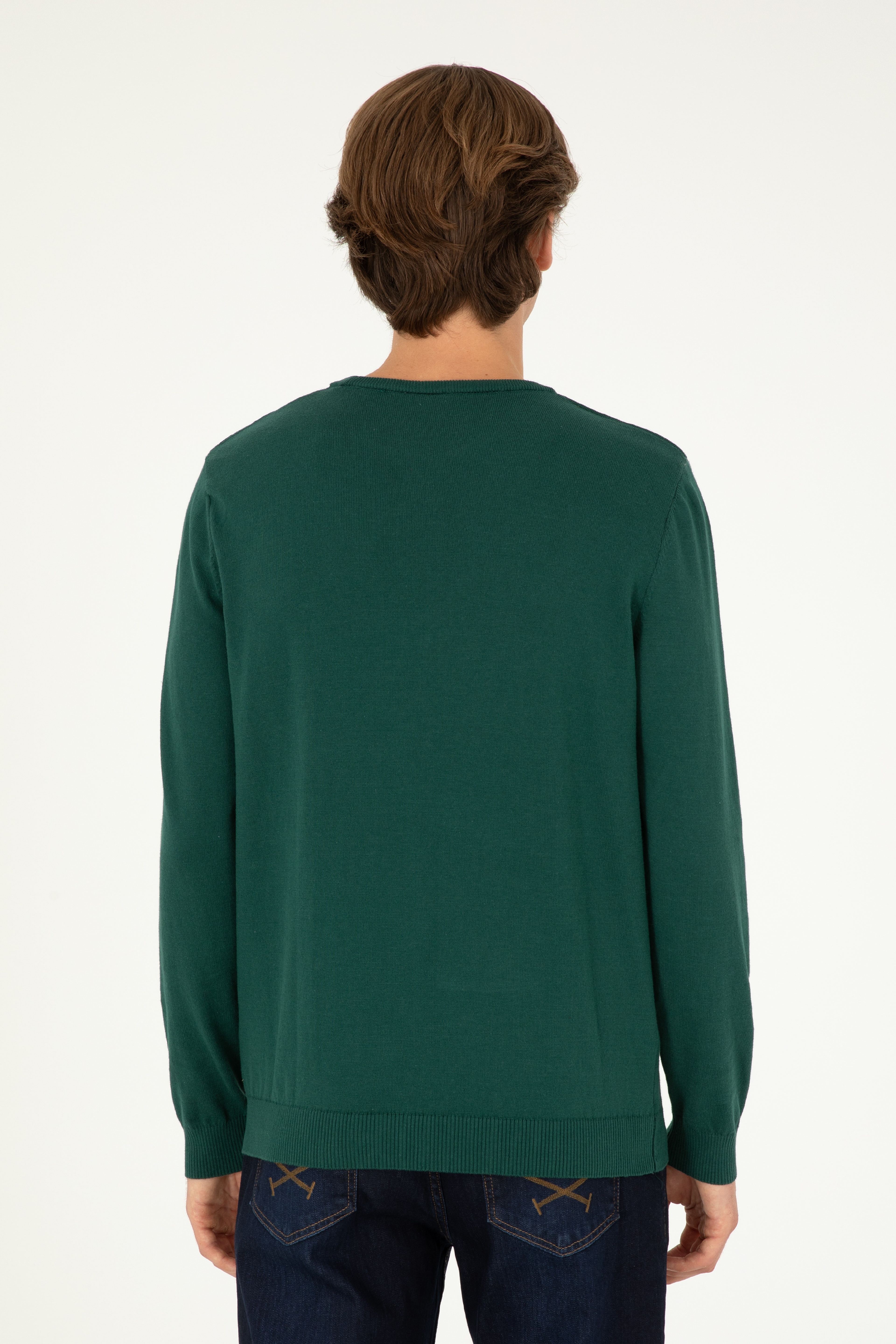 Erkek Slim Fit Bisiklet Yaka Yeşil Basic Kazak