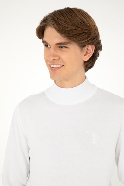 Erkek Slim Fit Yarım Boğazlı Beyaz Basic Kazak