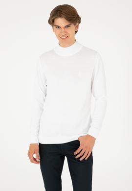 Erkek Slim Fit Yarım Boğazlı Beyaz Basic Kazak - 50288887015