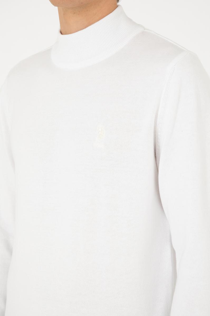 Erkek Slim Fit Yarım Boğazlı Beyaz Basic Kazak