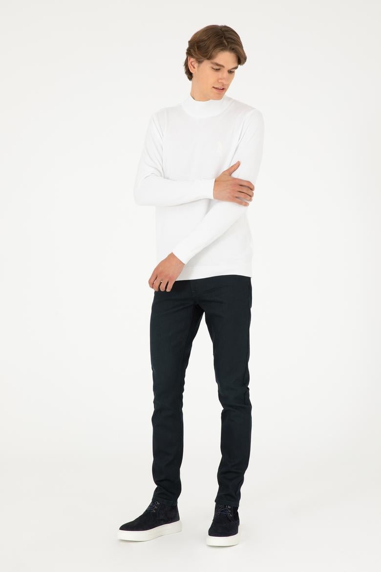 Erkek Slim Fit Yarım Boğazlı Beyaz Basic Kazak - 50288887015