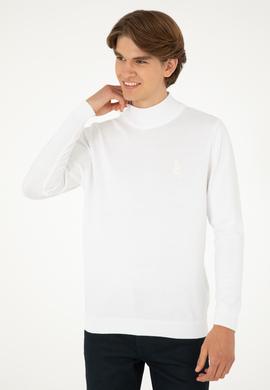 Erkek Slim Fit Yarım Boğazlı Beyaz Basic Kazak - 50288887015