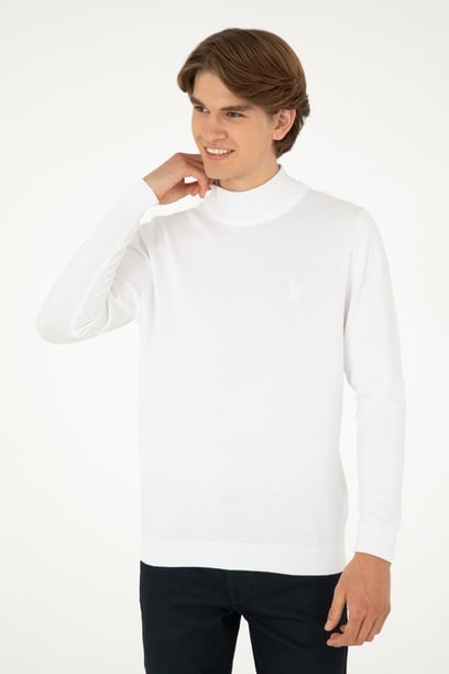 Erkek Slim Fit Yarım Boğazlı Beyaz Basic Kazak