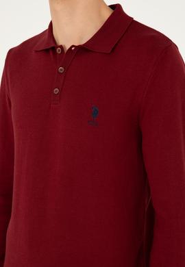 Erkek Slim Fit Polo Yaka Bordo Basic Kazak - 50292434034