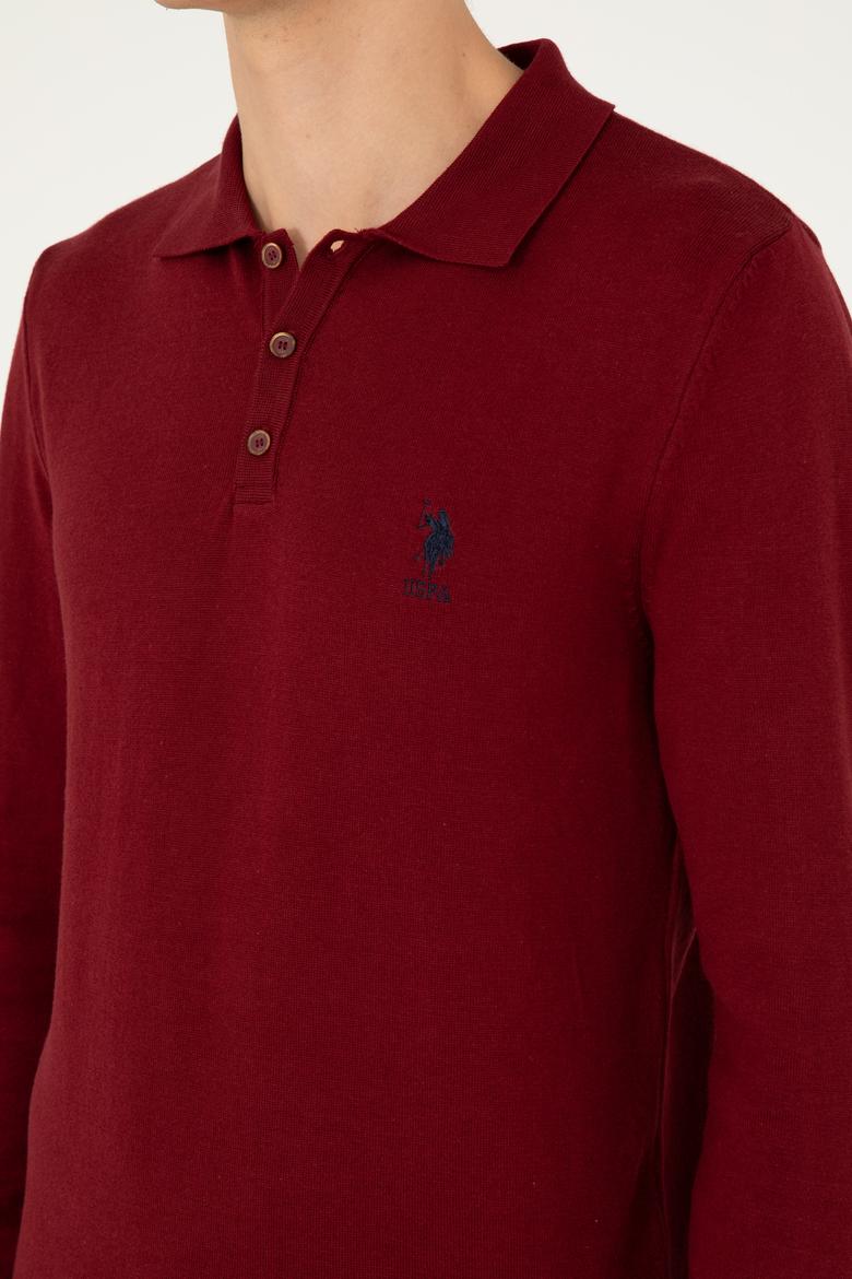 Erkek Slim Fit Polo Yaka Bordo Basic Kazak - 50292434034