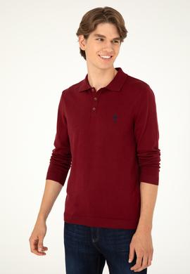 Erkek Slim Fit Polo Yaka Bordo Basic Kazak - 50292434034
