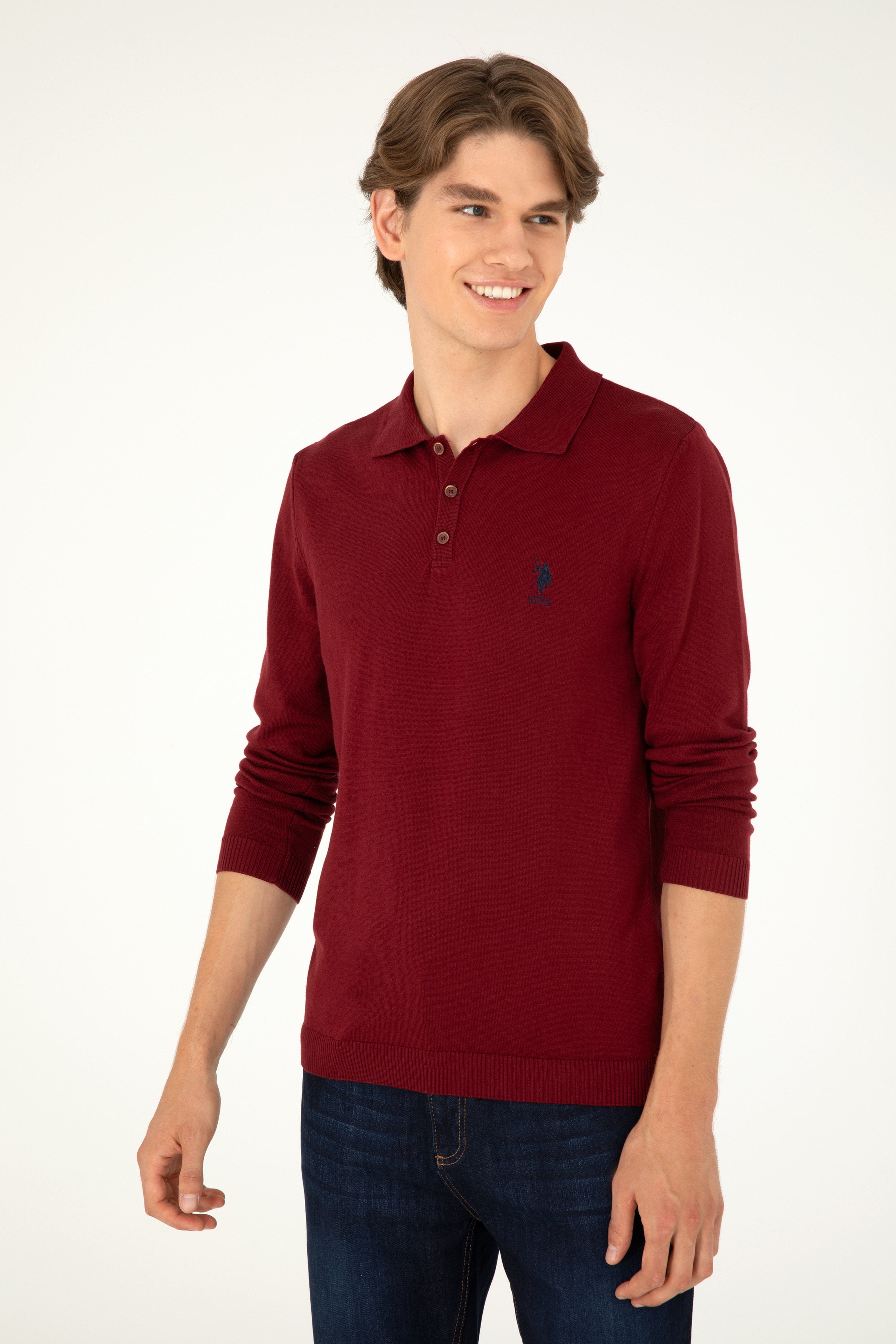 Erkek Slim Fit Polo Yaka Bordo Basic Kazak - Image 1