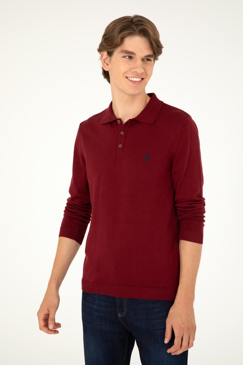 Erkek Slim Fit Polo Yaka Bordo Basic Kazak