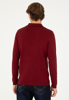 Erkek Slim Fit Polo Yaka Bordo Basic Kazak - 50292434034