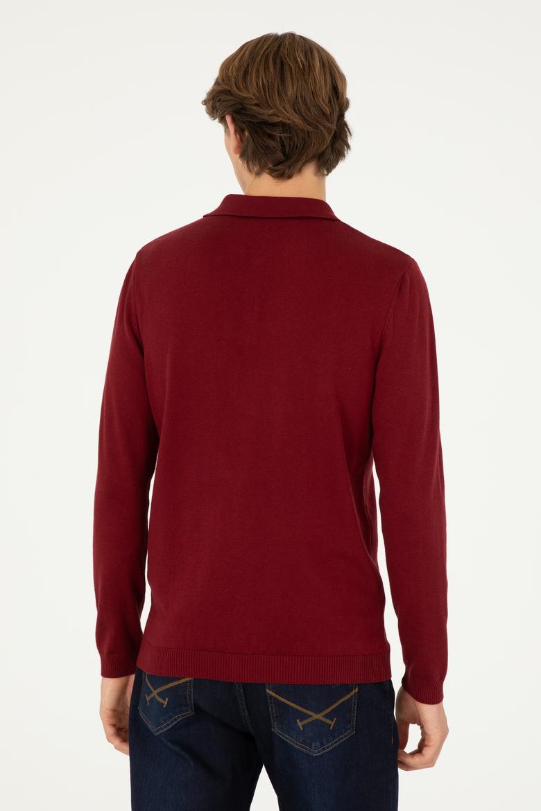 Erkek Slim Fit Polo Yaka Bordo Basic Kazak - 50292434034