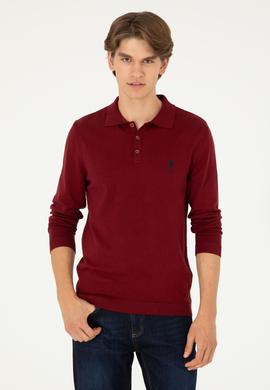Erkek Slim Fit Polo Yaka Bordo Basic Kazak - 50292434034