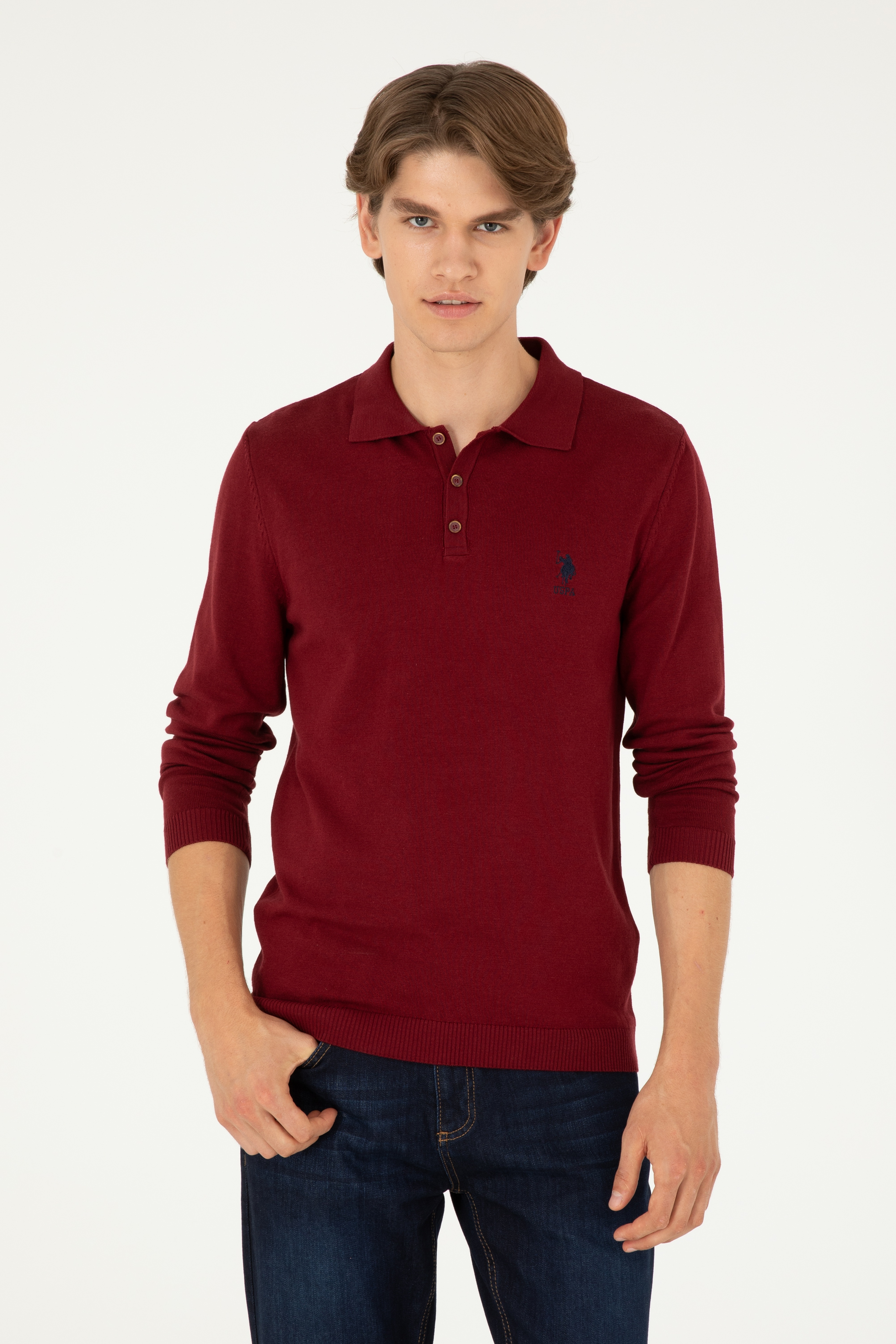 Erkek Slim Fit Polo Yaka Bordo Basic Kazak - Image 2