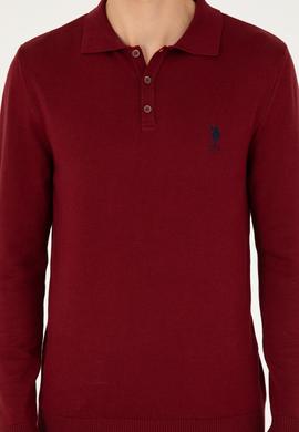 Erkek Slim Fit Polo Yaka Bordo Basic Kazak - 50292434034