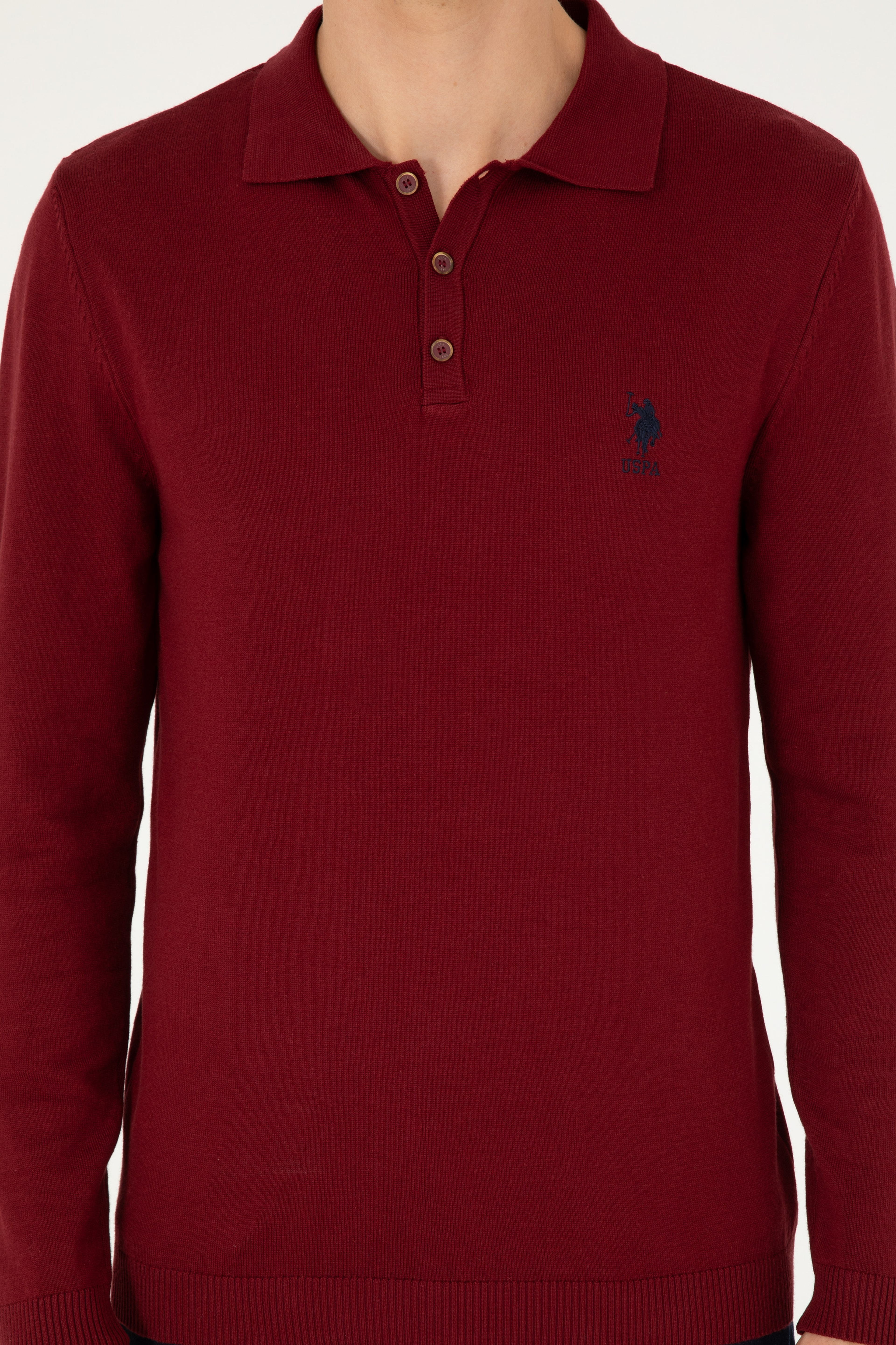 Erkek Slim Fit Polo Yaka Bordo Basic Kazak - Image 5