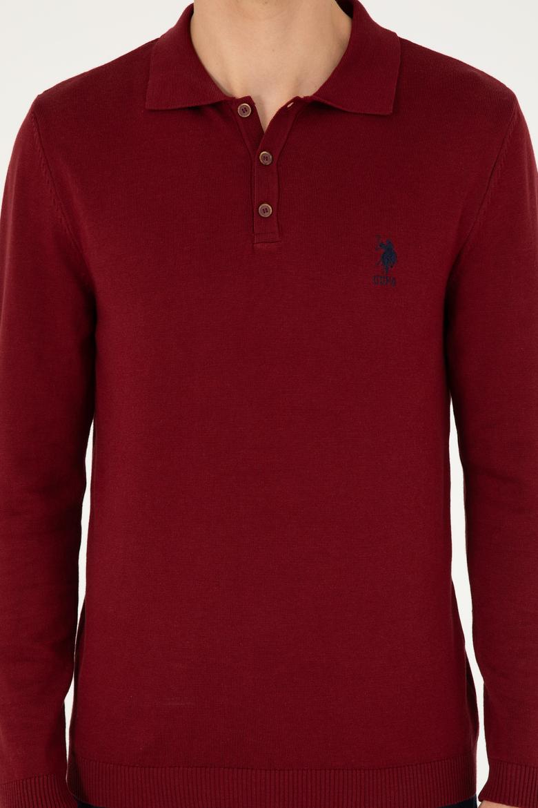 Erkek Slim Fit Polo Yaka Bordo Basic Kazak - 50292434034