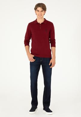Erkek Slim Fit Polo Yaka Bordo Basic Kazak - 50292434034