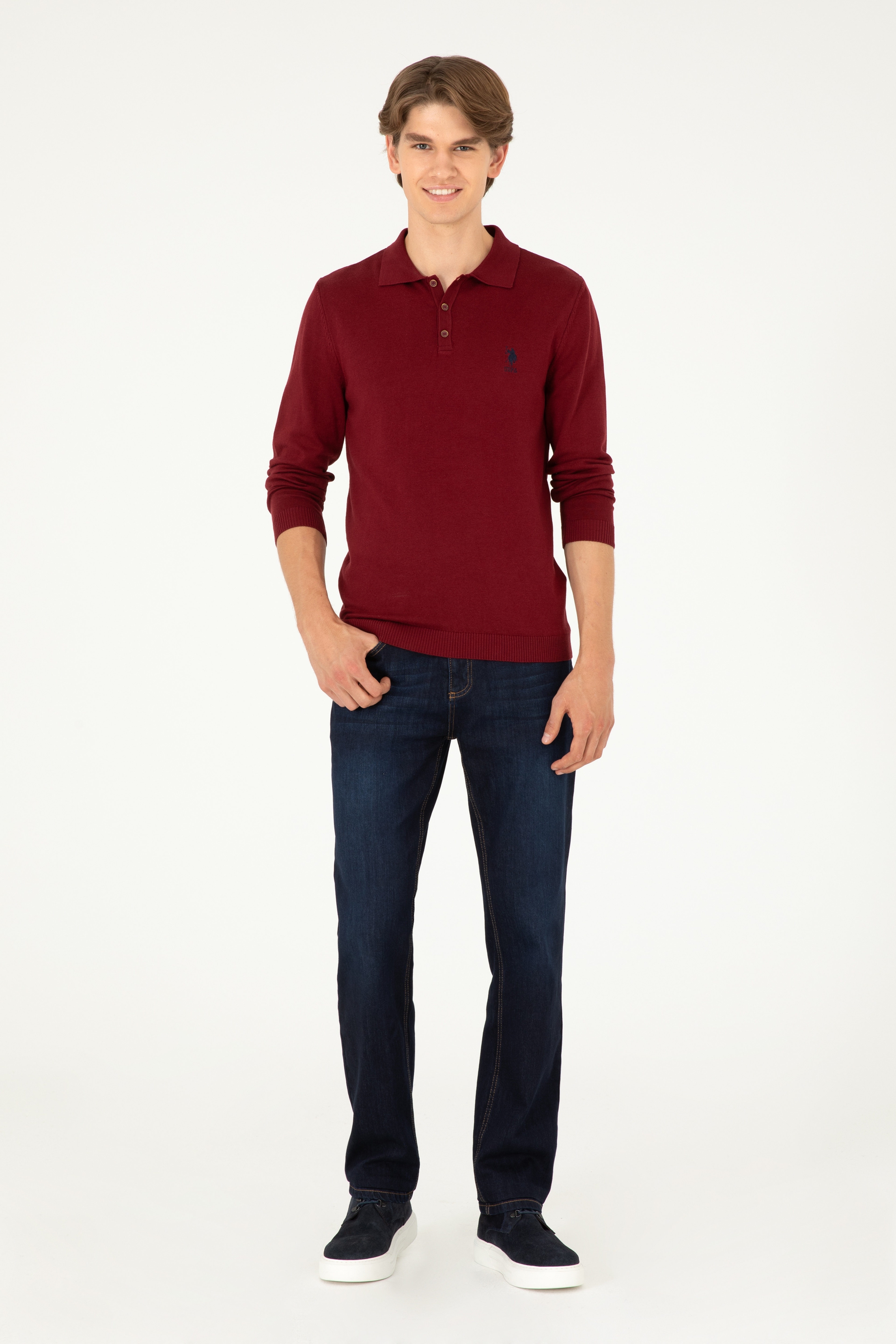 Erkek Slim Fit Polo Yaka Bordo Basic Kazak