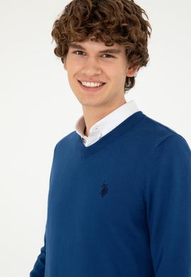 Erkek Slim Fit V Yaka İndigo Basic Kazak - 50293512168