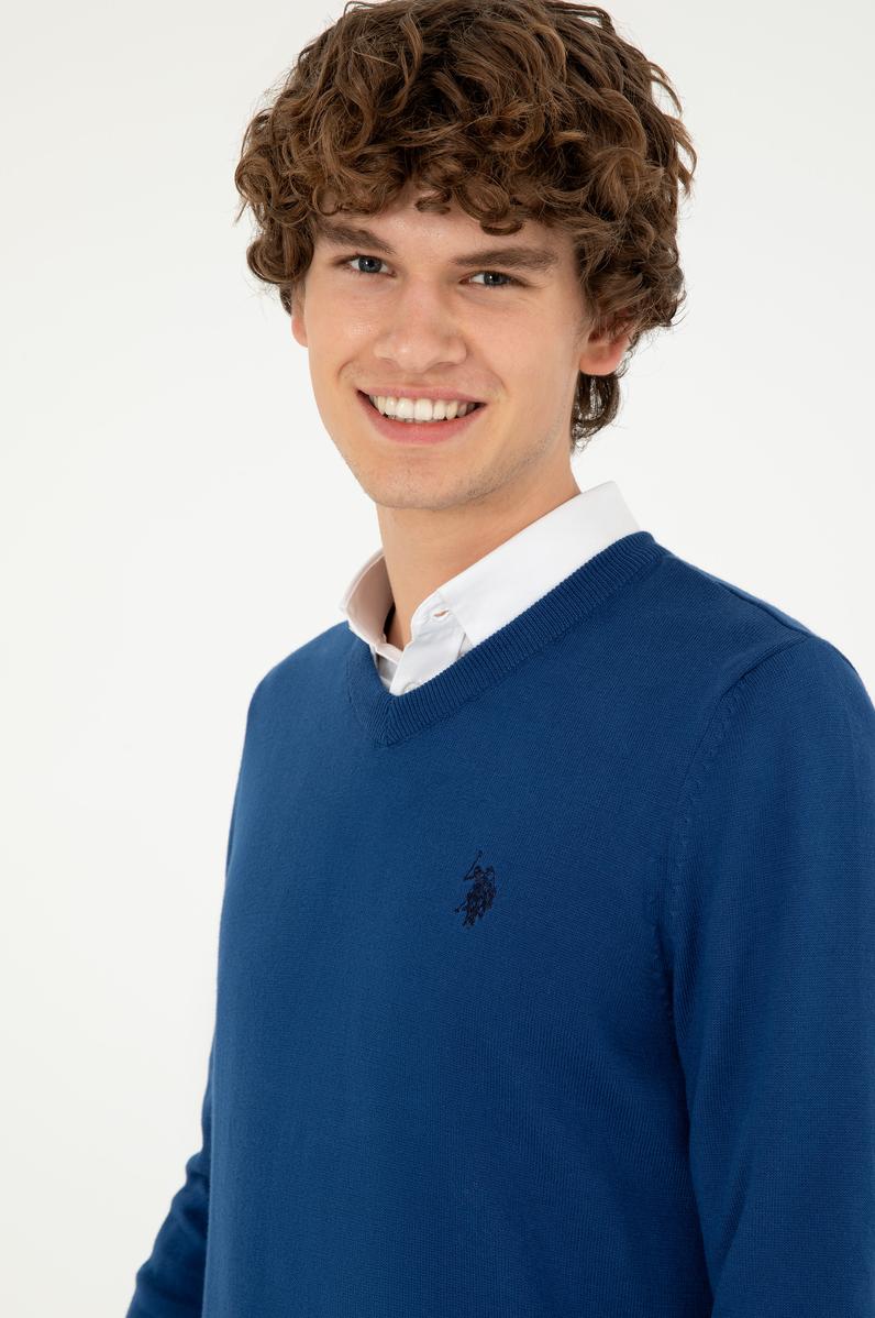 Erkek Slim Fit V Yaka İndigo Basic Kazak