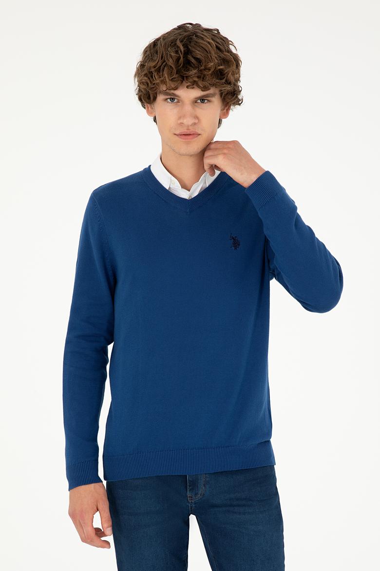 Erkek Slim Fit V Yaka İndigo Basic Kazak