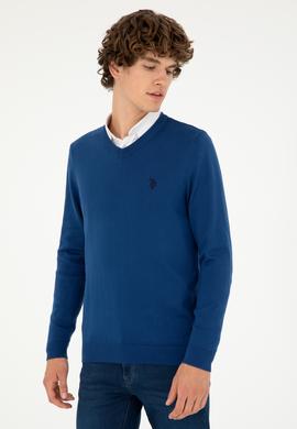 Erkek Slim Fit V Yaka İndigo Basic Kazak - 50293512168