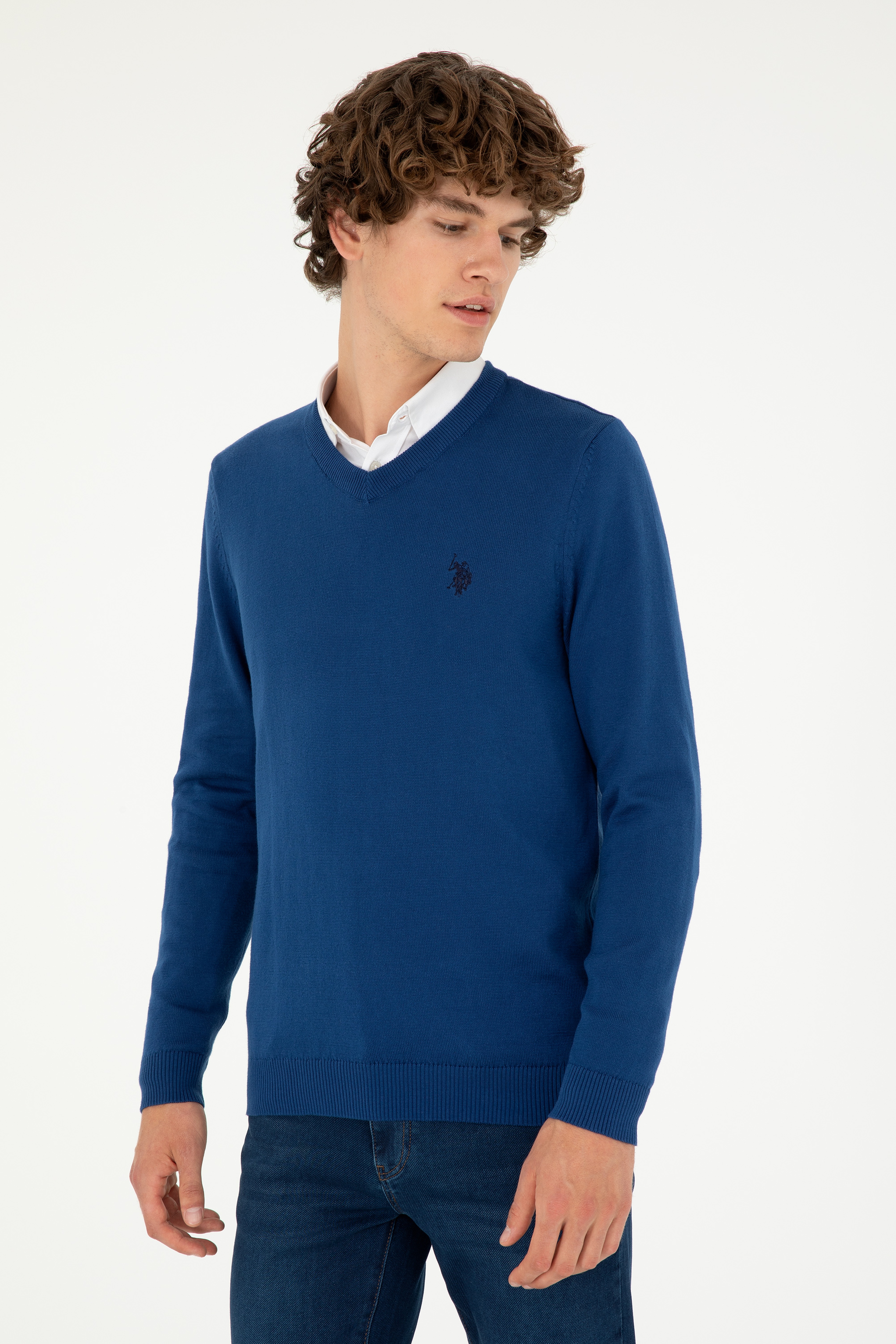 Erkek Slim Fit V Yaka İndigo Basic Kazak - Image 3