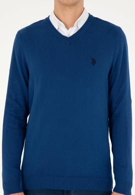 Erkek Slim Fit V Yaka İndigo Basic Kazak - 50293512168