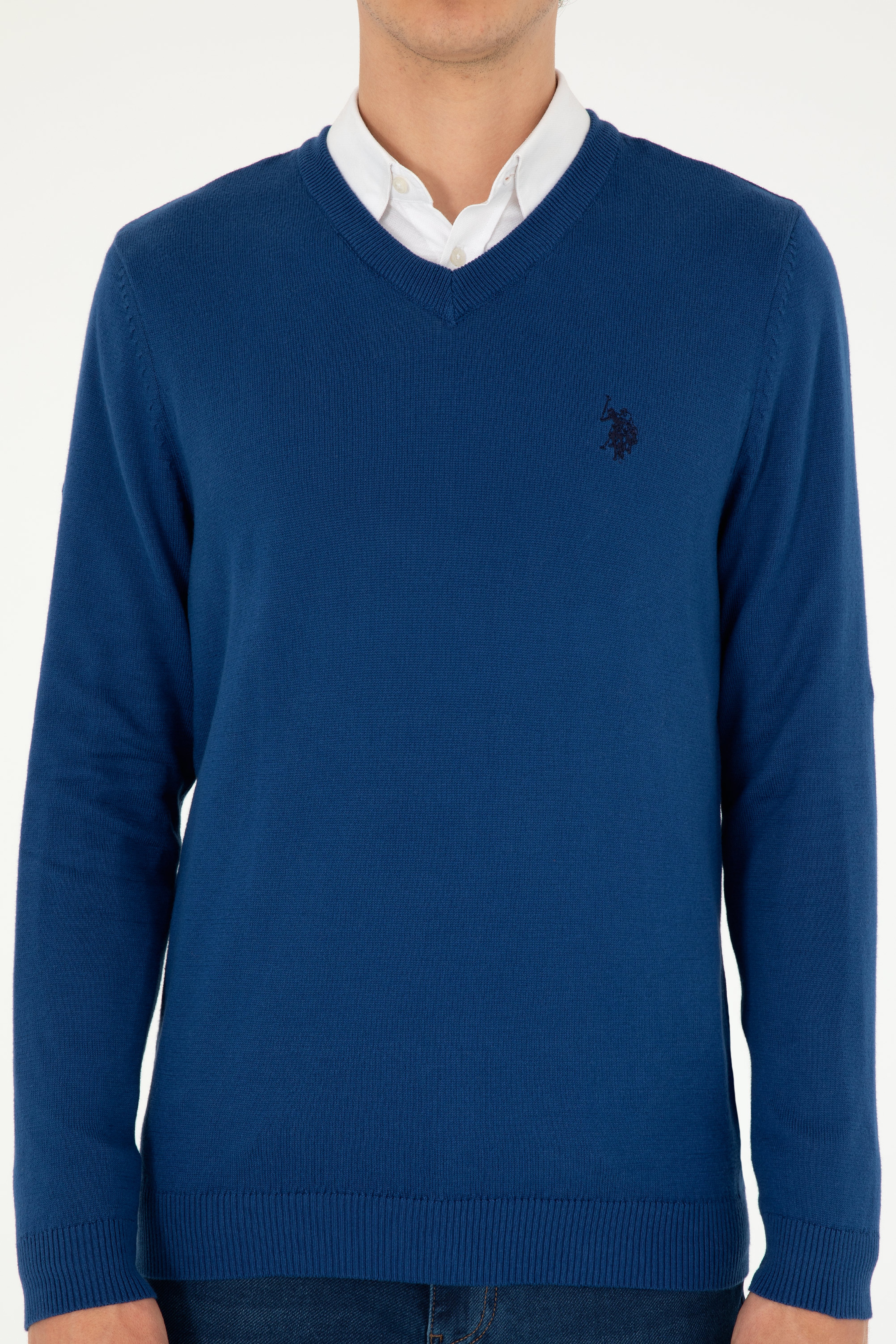 Erkek Slim Fit V Yaka İndigo Basic Kazak - Image 6