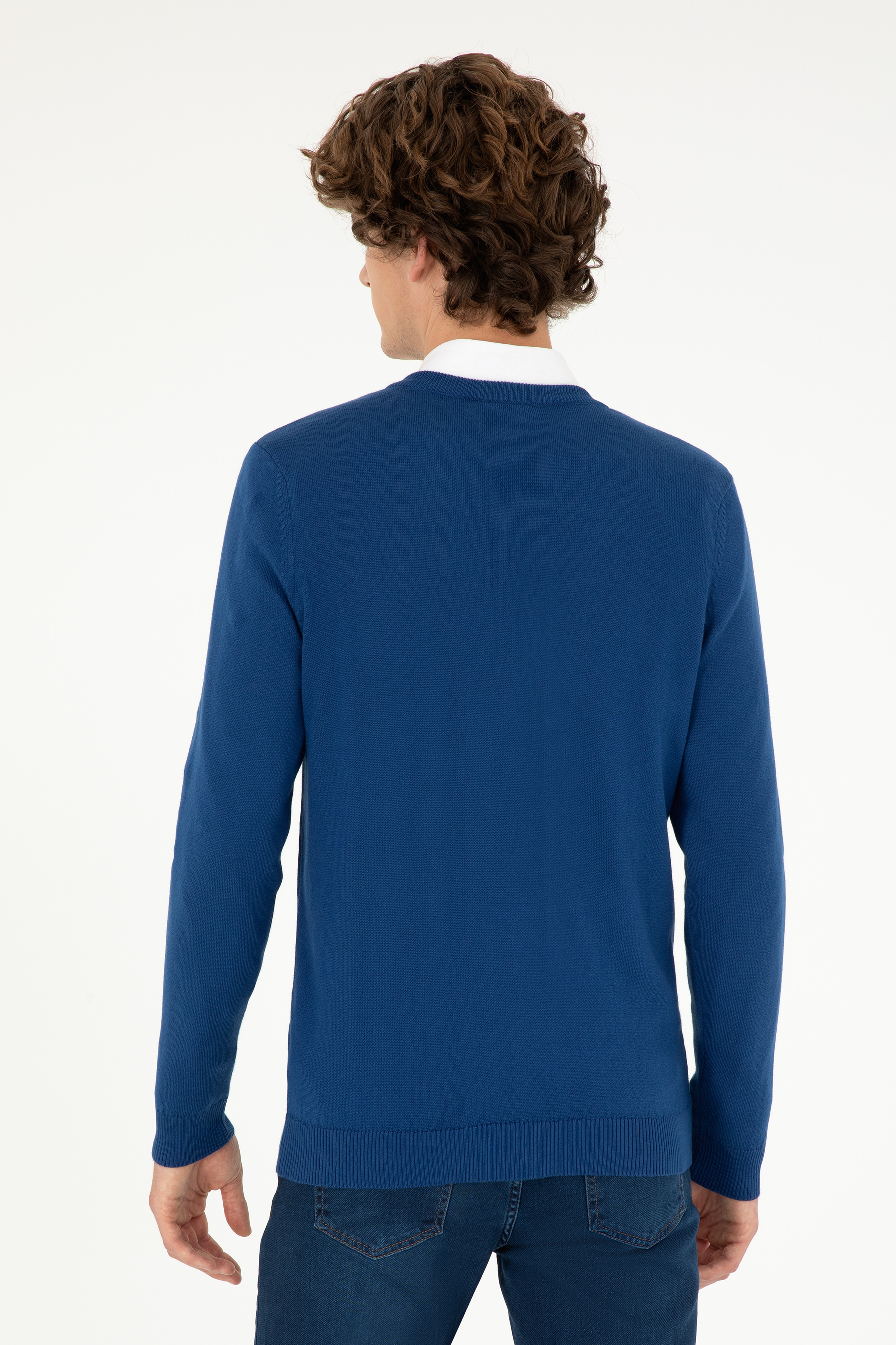Erkek Slim Fit V Yaka İndigo Basic Kazak - Image 5