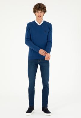 Erkek Slim Fit V Yaka İndigo Basic Kazak - 50293512168
