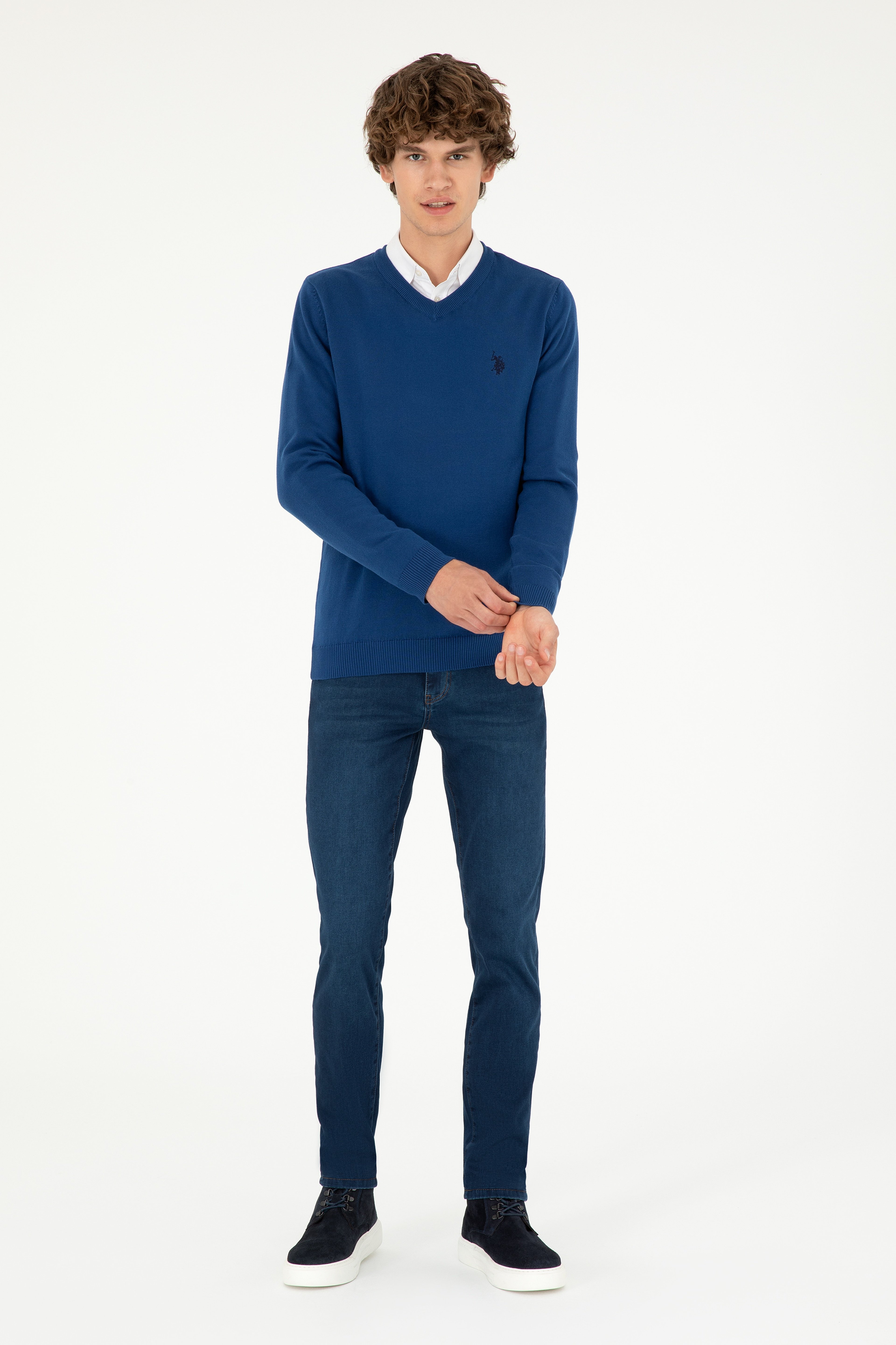 Erkek Slim Fit V Yaka İndigo Basic Kazak - Image 4