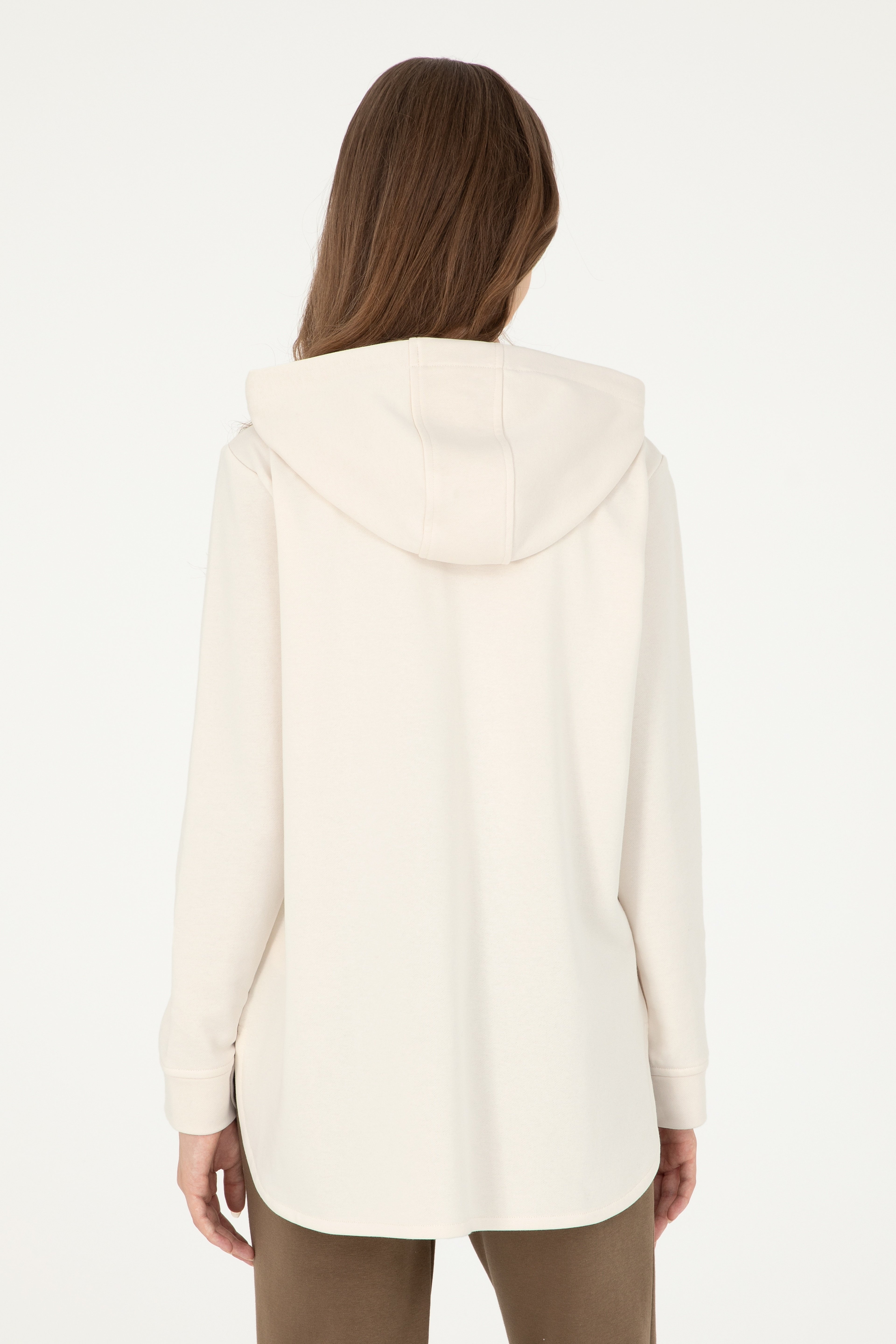 Kadın Krem Kapüşonlu Sweatshirt - Image 5