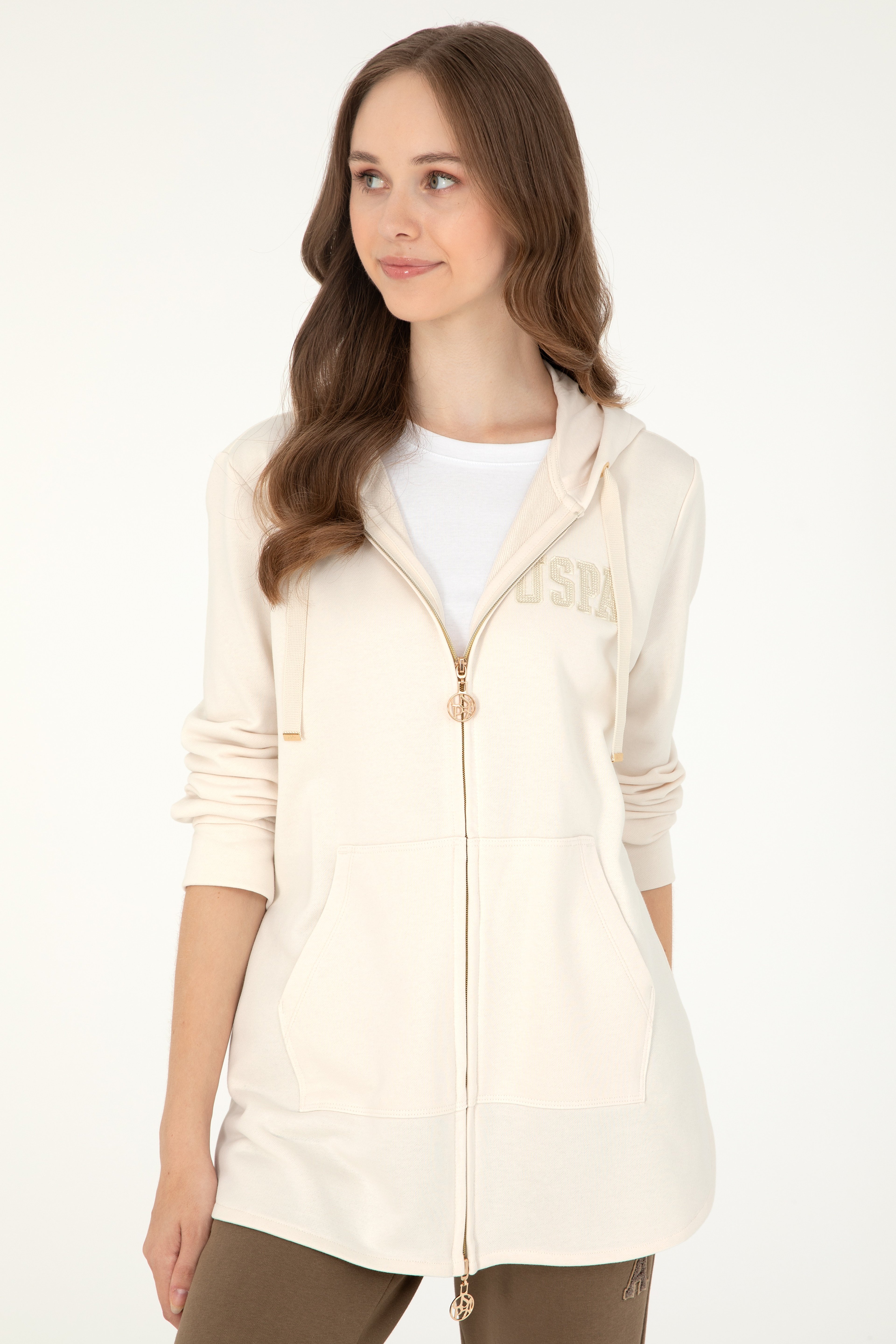 Kadın Krem Kapüşonlu Sweatshirt - Image 3