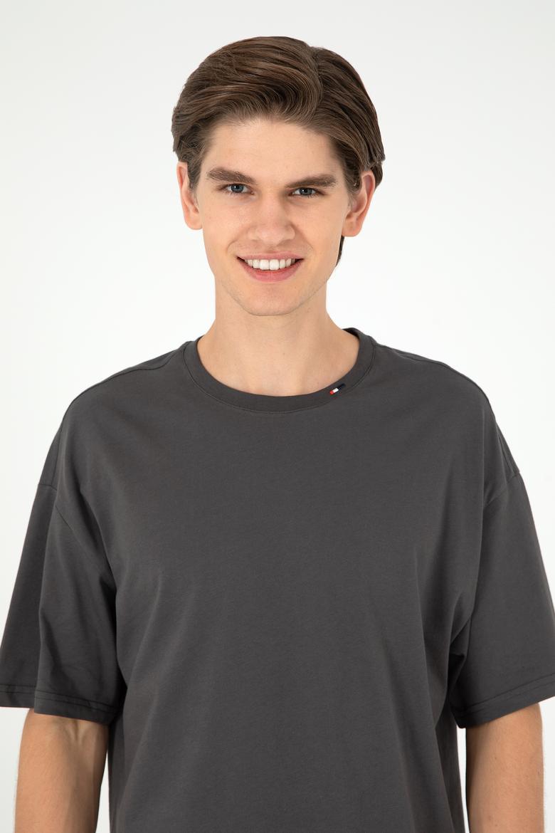 Erkek Oversize Fit Bisiklet Yaka Antrasit Tişört - 50294288036