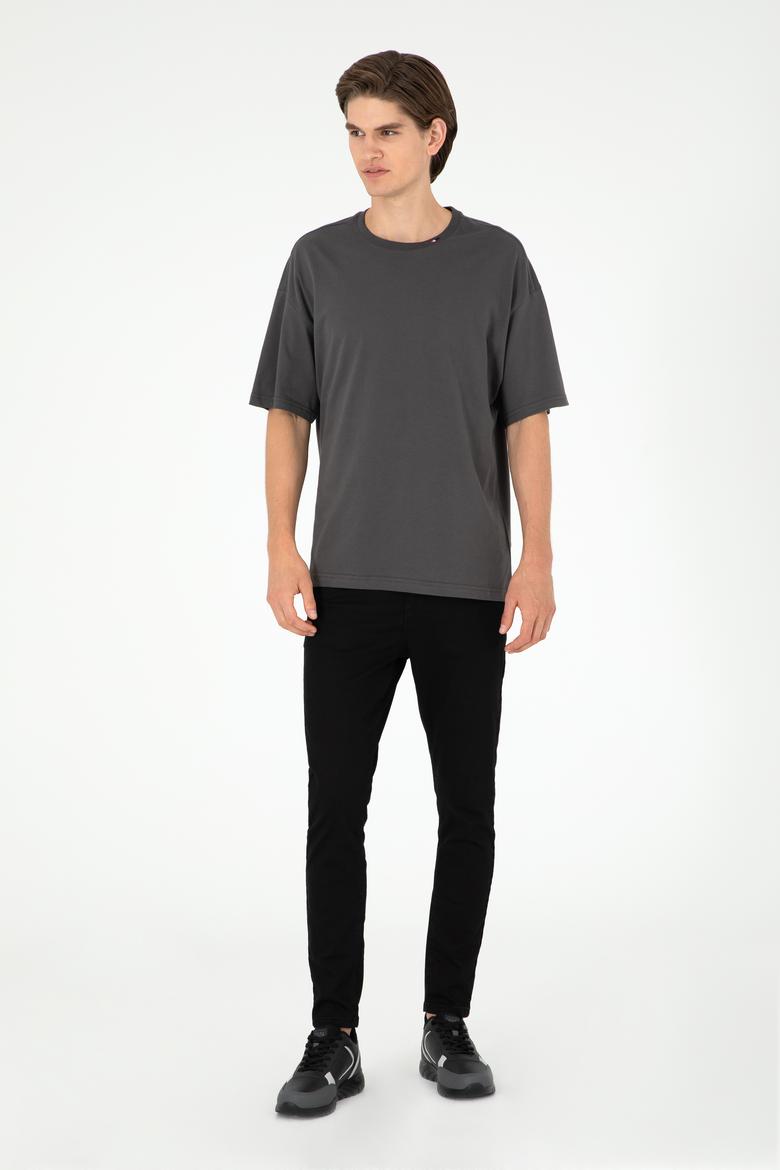 Erkek Oversize Fit Bisiklet Yaka Antrasit Tişört - 50294288036