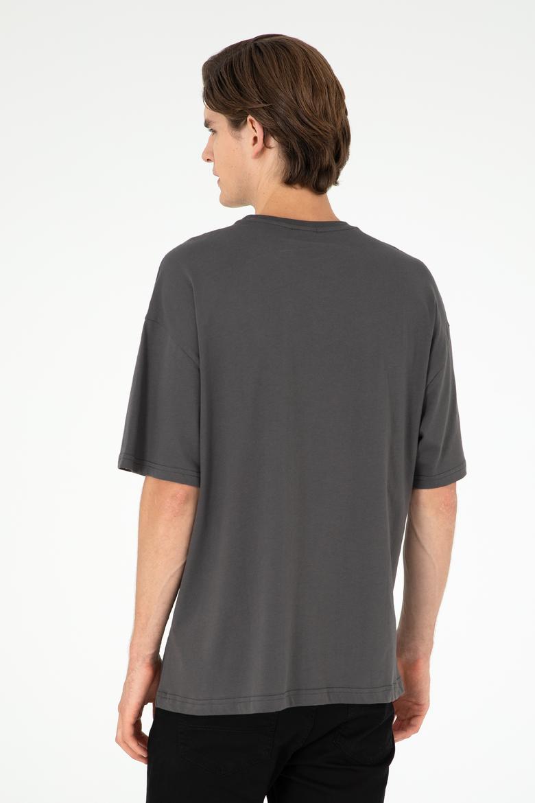 Erkek Oversize Fit Bisiklet Yaka Antrasit Tişört - 50294288036