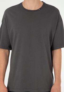 Erkek Oversize Fit Bisiklet Yaka Antrasit Tişört - 50294288036