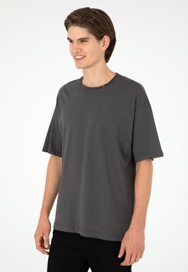 Erkek Oversize Fit Bisiklet Yaka Antrasit Tişört - 50294288036