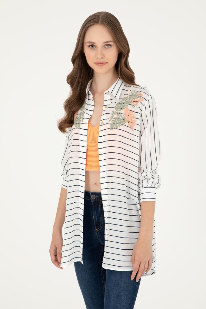 Kadın Lacivert Uzun Kollu Çizgili Gömlek