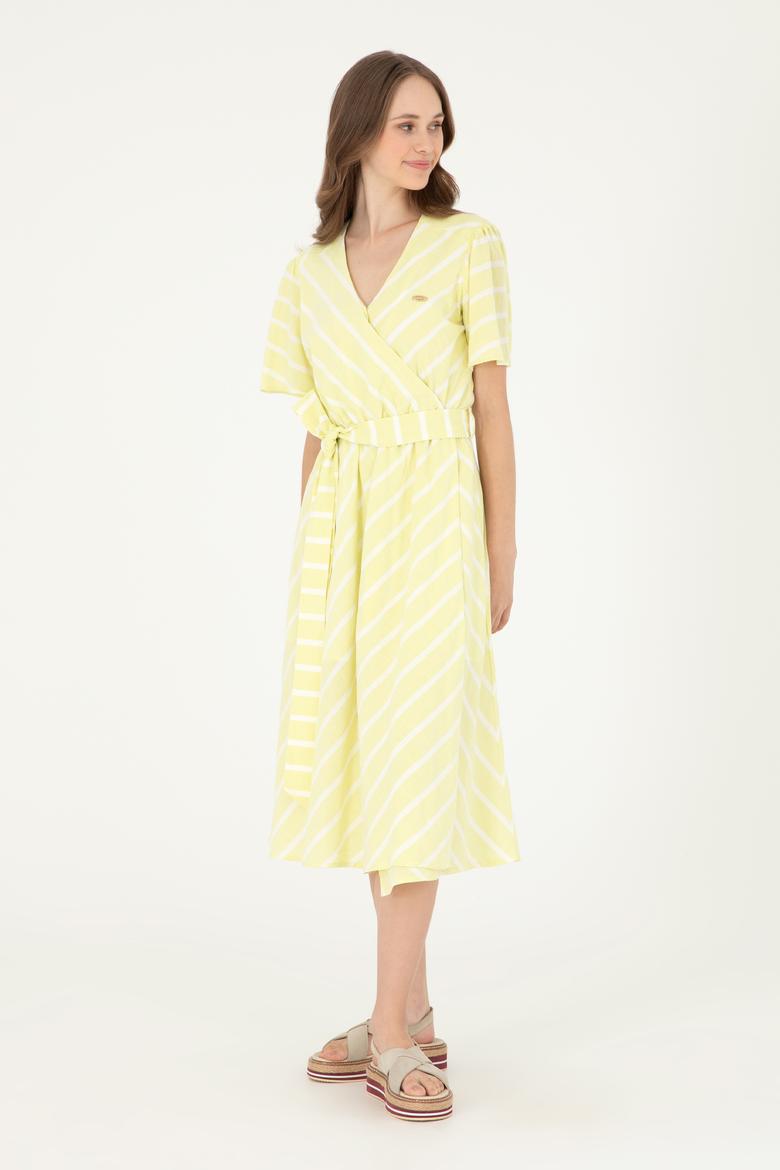 Kadın Fıstık Yeşili Çizgili Midi Boy Dokuma Elbise - 50280572010