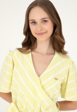 Kadın Fıstık Yeşili Çizgili Midi Boy Dokuma Elbise - 50280572010