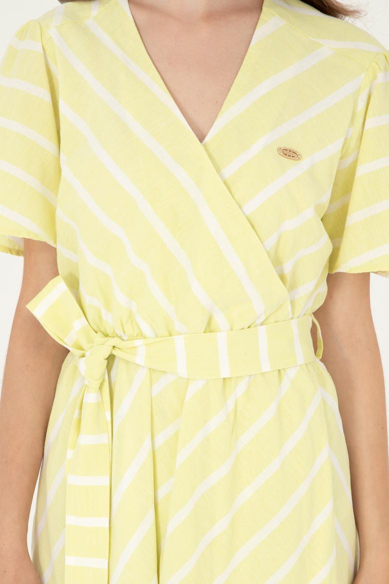 Kadın Fıstık Yeşili Çizgili Midi Boy Dokuma Elbise - 50280572010