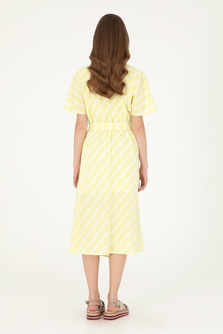 Kadın Fıstık Yeşili Çizgili Midi Boy Dokuma Elbise - 50280572010