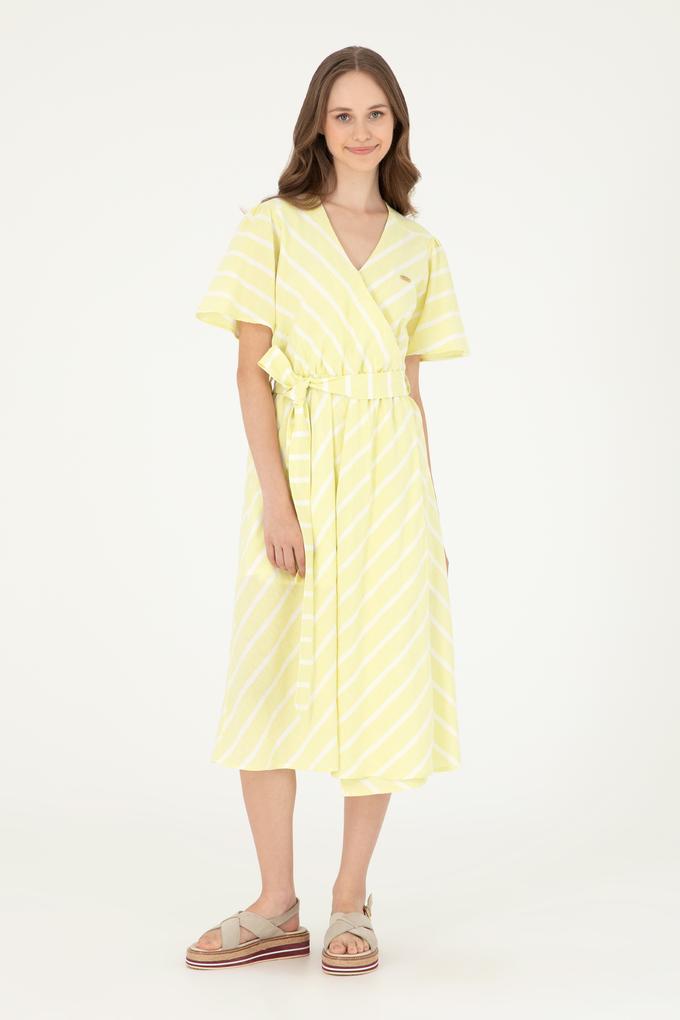 Kadın Fıstık Yeşili Çizgili Midi Boy Dokuma Elbise