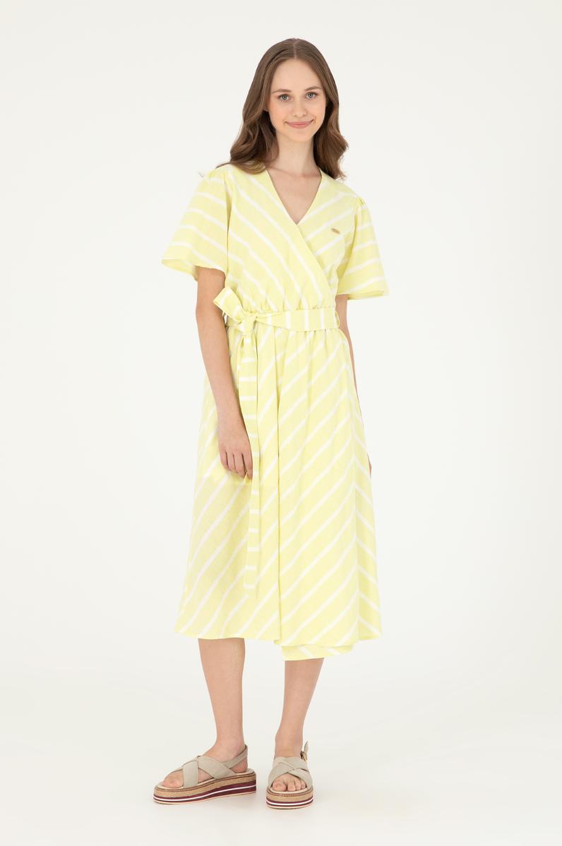 Kadın Fıstık Yeşili Çizgili Midi Boy Dokuma Elbise