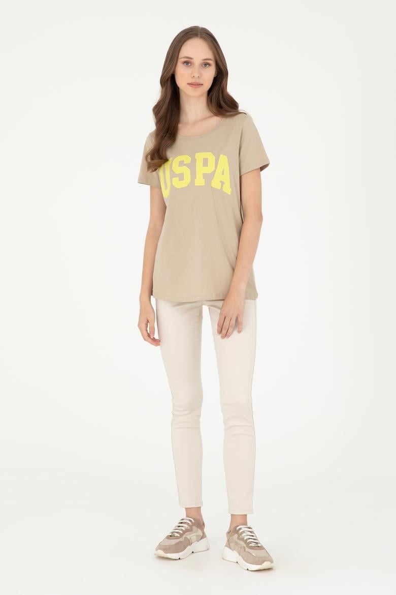 Kadın Açık Haki Bisiklet Yaka Basic Tişört - 50280036061